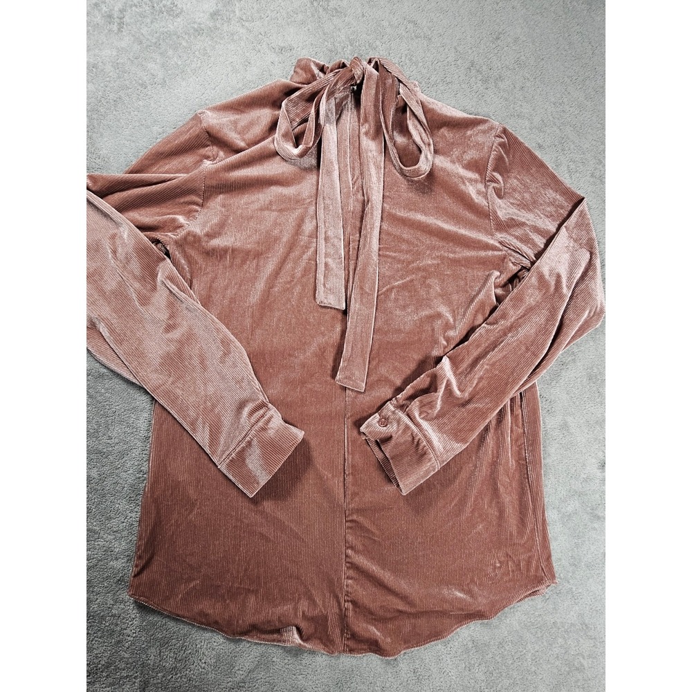 ASOS DESIGN Pink Velvet Mock Neck Quarter Zip Tie Back Blouse Top Long Sleeve M